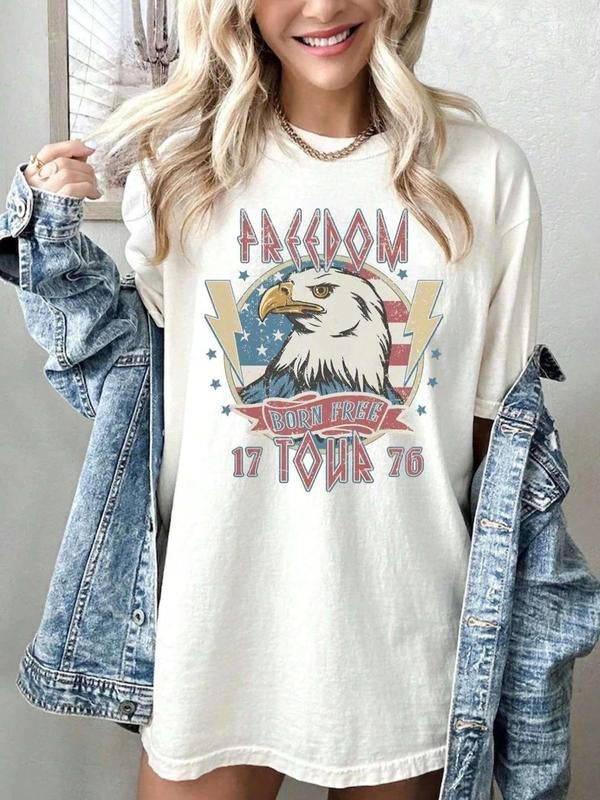 Women'WB shield Eagle Print Round Neck Tee, Fashion Casual Letter & Eagle Print Drop Shoulder T-Shirt for Daily Wear,...