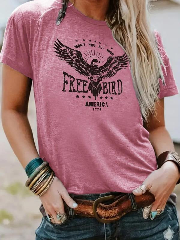 Women'WB shield Eagle Print Round Neck Tee, Fashion Casual Letter Graphic Crew Neck T-Shirt for Daily Holiday Vacation...