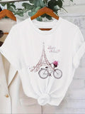 Women'WB shield Eiffel Tower & Bike Print Round Neck Tee, Casual Short Sleeve T-shirt for Summer, Ladies TNF for Daily...