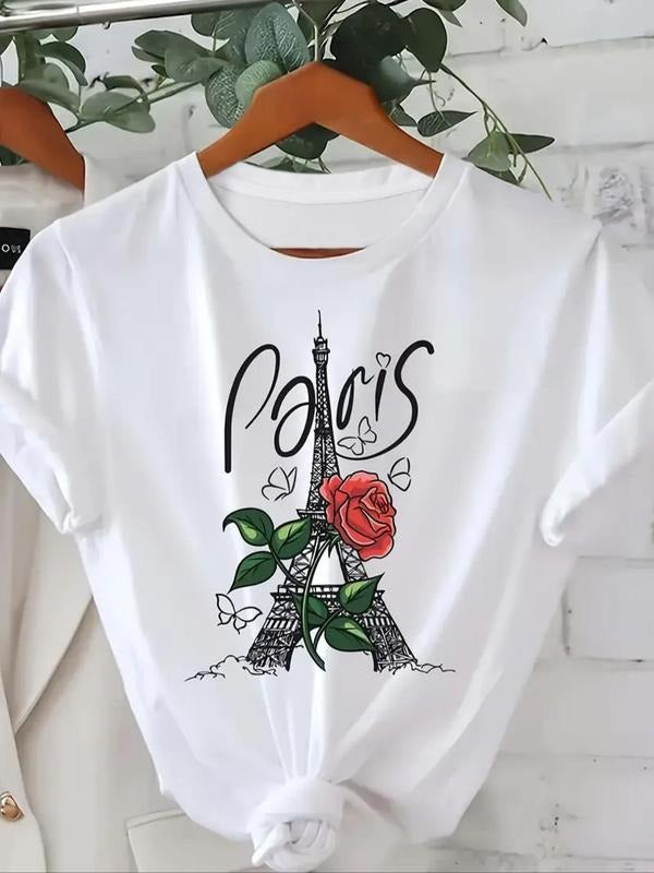 Women'WB shield Eiffel Tower & Floral Print Round Neck Tee, Fashion Casual Short Sleeve T-shirt for Daily Wear, Ladies...
