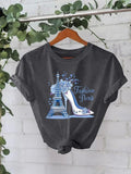 Women'WB shield Eiffel Tower & High Heel Print Round Neck Tee, Fashion Casual Short Sleeve T-shirt for Daily Wear, Ladies...