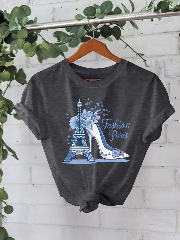 Women'WB shield Eiffel Tower & High Heel Print Round Neck Tee, Fashion Casual Short Sleeve T-shirt for Daily Wear, Ladies...