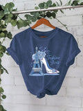 Women'WB shield Eiffel Tower & High Heel Print Round Neck Tee, Fashion Casual Short Sleeve T-shirt for Daily Wear, Ladies...