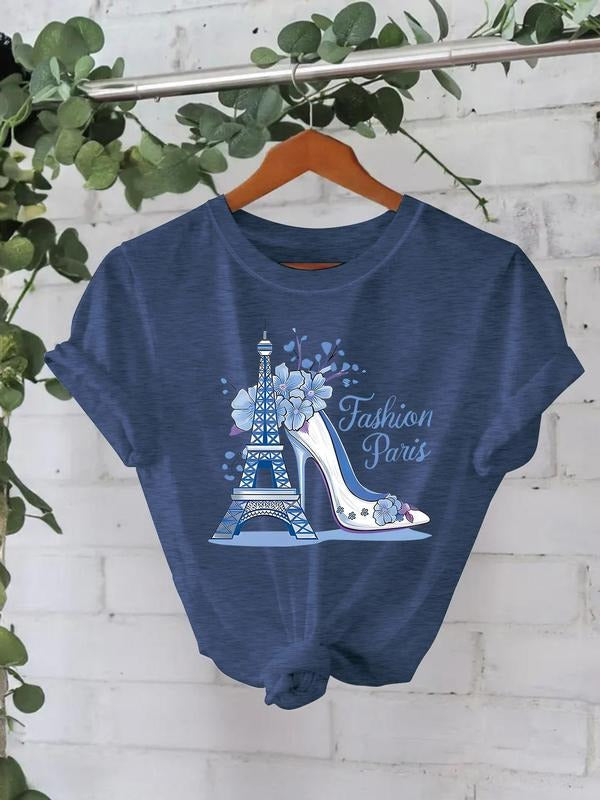 Women'WB shield Eiffel Tower & High Heel Print Round Neck Tee, Fashion Casual Short Sleeve T-shirt for Daily Wear, Ladies...