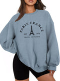Women'WB shield Eiffel Tower & Letter Print Drop Shoulder Sweatshirt, Casual Long Sleeve Round Neck Pullover for Daily...
