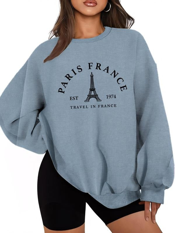 Women'WB shield Eiffel Tower & Letter Print Drop Shoulder Sweatshirt, Casual Long Sleeve Round Neck Pullover for Daily...