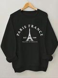 Women'WB shield Eiffel Tower & Letter Print Drop Shoulder Sweatshirt, Casual Long Sleeve Round Neck Pullover for Spring &...