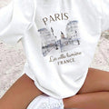 Women'WB shield Eiffel Tower & Letter Print Round Neck Sweatshirt, Casual Long Sleeve Pullover, Women'WB shield Fall &...