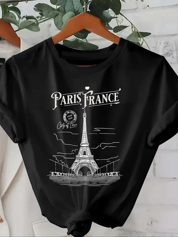Women'WB shield Eiffel Tower & Letter Print Round Neck Tee, Casual Short Sleeve Crew Neck T-Shirt for Summer, Fashion...
