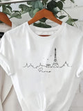 Women'WB shield Eiffel Tower & Letter Print Round Neck Tee, Casual Short Sleeve Crew Neck T-shirt for Daily Wear, Ladies...