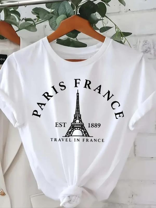 Women'WB shield Eiffel Tower & Letter Print Round Neck Tee, Casual Short Sleeve T-shirt for Daily Wear, Ladies TNF for...