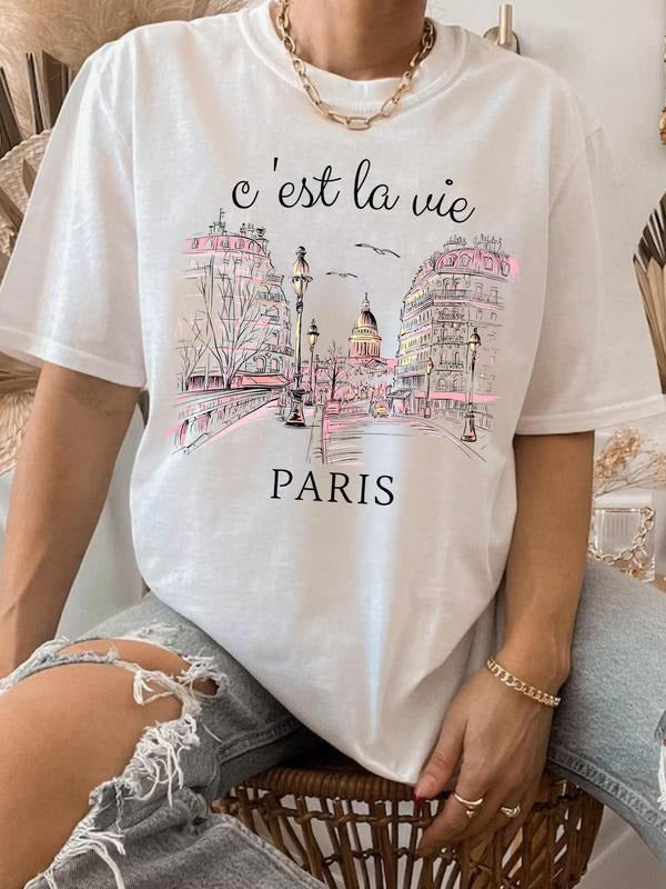 Women'WB shield Eiffel Tower & Letter Print Round Neck Tee, Casual Slogan Graphic Crew Neck T-Shirt for Summer, Fashion...