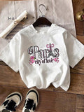 Women'WB shield Eiffel Tower & Letter Print Round Neck Tee, Fashion Casual Short Sleeve Crew Neck T-Shirt for Summer,...