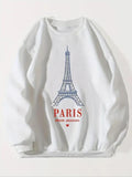 Women'WB shield Eiffel Tower & Letters Print Drop Shoulder Sweatshirt, Casual Long Sleeve Round Neck Pullover for Fall &...