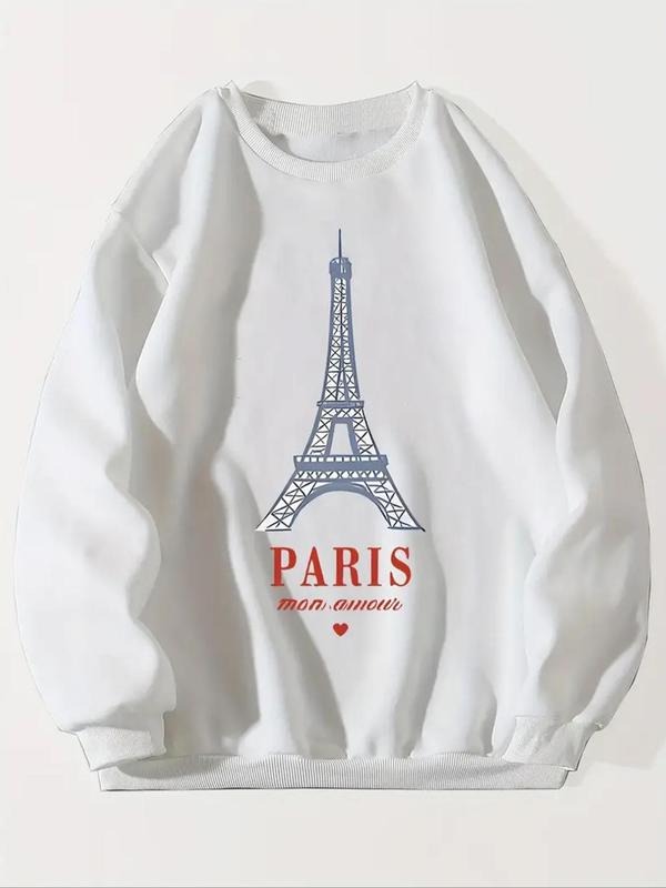 Women'WB shield Eiffel Tower & Letters Print Drop Shoulder Sweatshirt, Casual Long Sleeve Round Neck Pullover for Fall &...