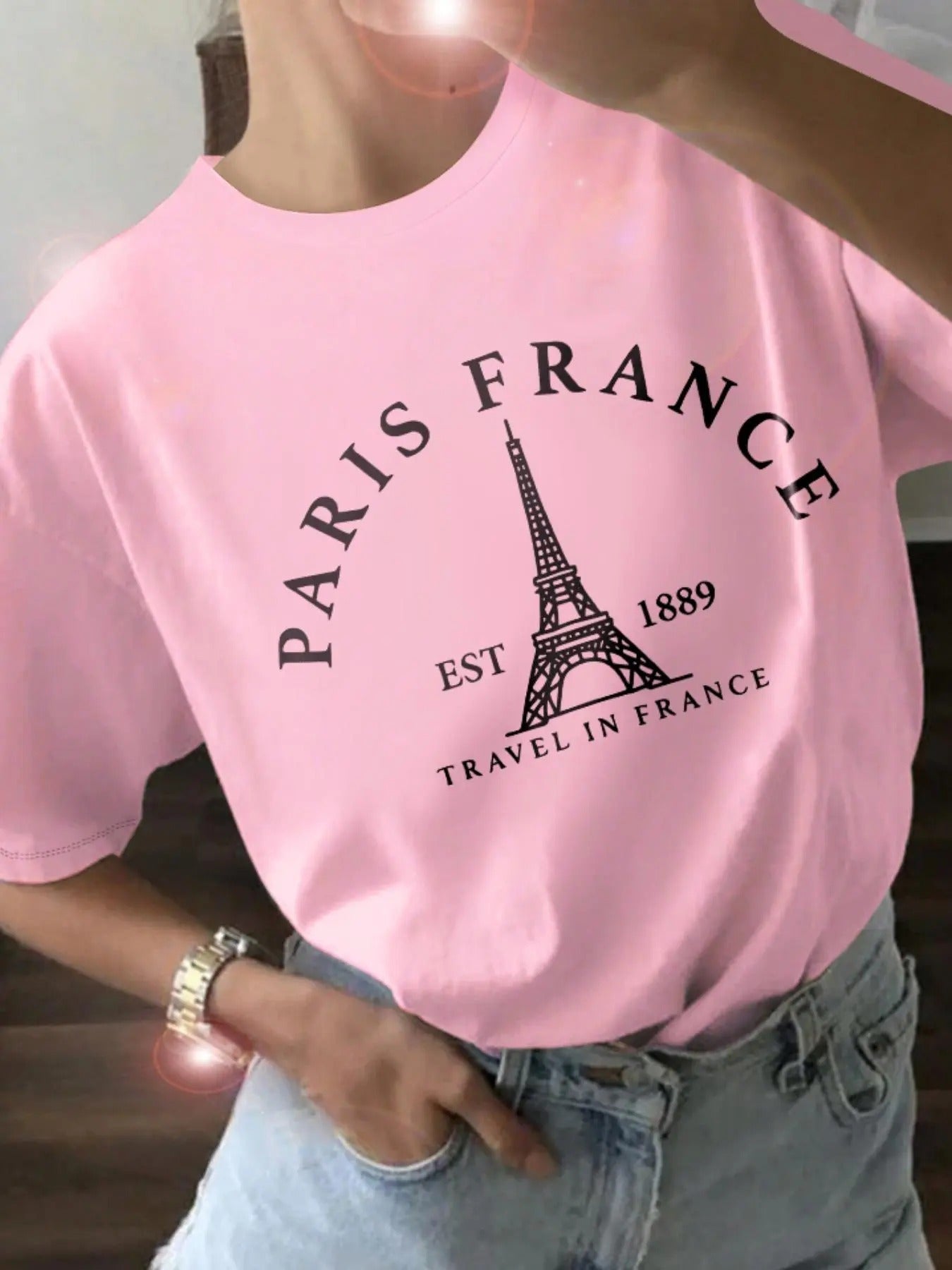 Women'WB shield Eiffel Tower Graphic Print Round Neck Tee, Fashion Casual Short Sleeve T-shirt, Ladies Summer TNF for...