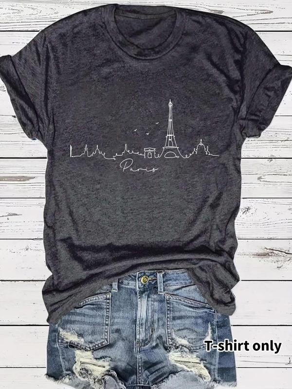 Women'WB shield Eiffel Tower Print Round Neck Tee, Casual Short Sleeve Crew Neck T-Shirt for Summer, Fashion Women'WB...