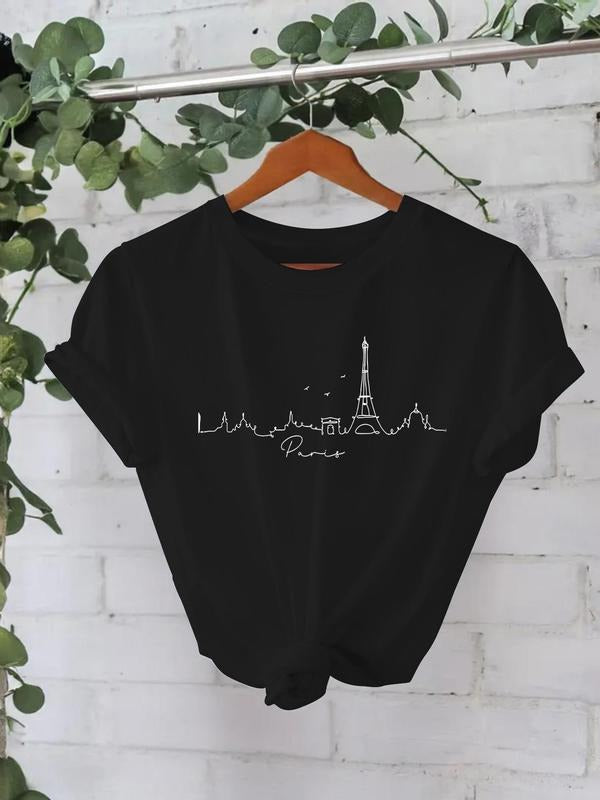 Women'WB shield Eiffel Tower Print Round Neck Tee, Casual Short Sleeve Crew Neck T-shirt for Summer, Fashion Women'WB...