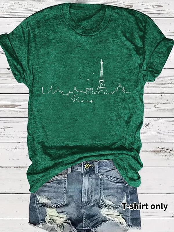 Women'WB shield Eiffel Tower Print Round Neck Tee, Casual Short Sleeve Crew Neck T-shirt for Summer, Fashion Women'WB...