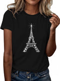 Women'WB shield Eiffel Tower Print Round Neck Tee, Fashion Casual Short Sleeve T-shirt, Ladies Summer TNF for Daily Wear...