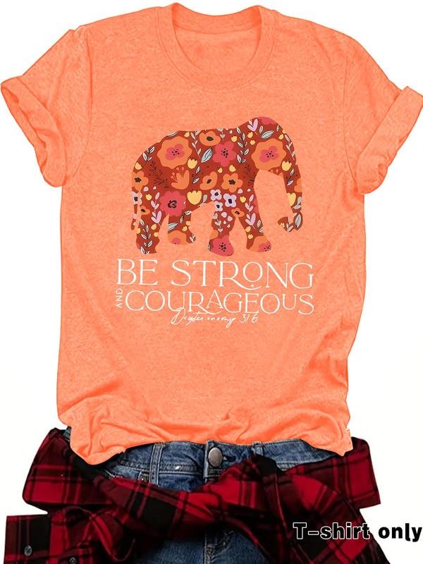 Women'WB shield Elephant & Letter Print Round Neck Tee, Fashion Casual Crew Neck T-Shirt for Daily Holiday Vacation...