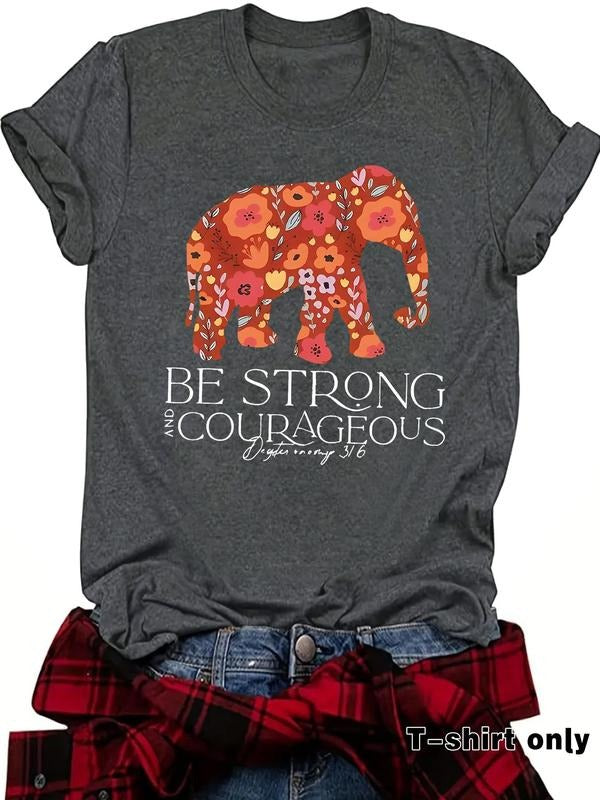 Women'WB shield Elephant & Letter Print Round Neck Tee, Fashion Casual Crew Neck T-Shirt for Daily Holiday Vacation...