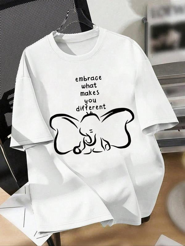 Women'WB shield Elephant & Letter Print Round Neck Tee, Fashion Casual Short Sleeve T-shirt for Daily Holiday Vacation...