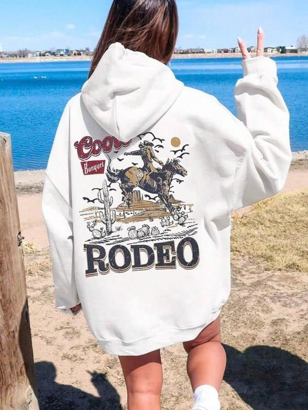 Women'WB shield Ethnic Pattern & Letter Print Drop Shoulder Fleece Hoodie, Fashion Casual Drawstring Pocket Hooded...
