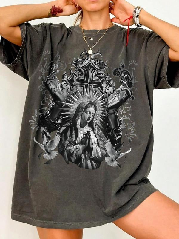 Women'WB shield Ethnic Pattern Round Neck Tee, Fashion Casual Loose Shoulder Prayer T-shirt for Daily Holiday Vacation...