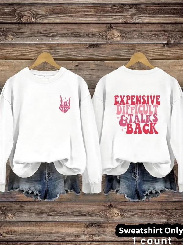 Women'WB shield Expensive Difficult Talks Back Print Crew Neck Sweatshirt, Casual Long Sleeve Pullover for Daily Wear,...
