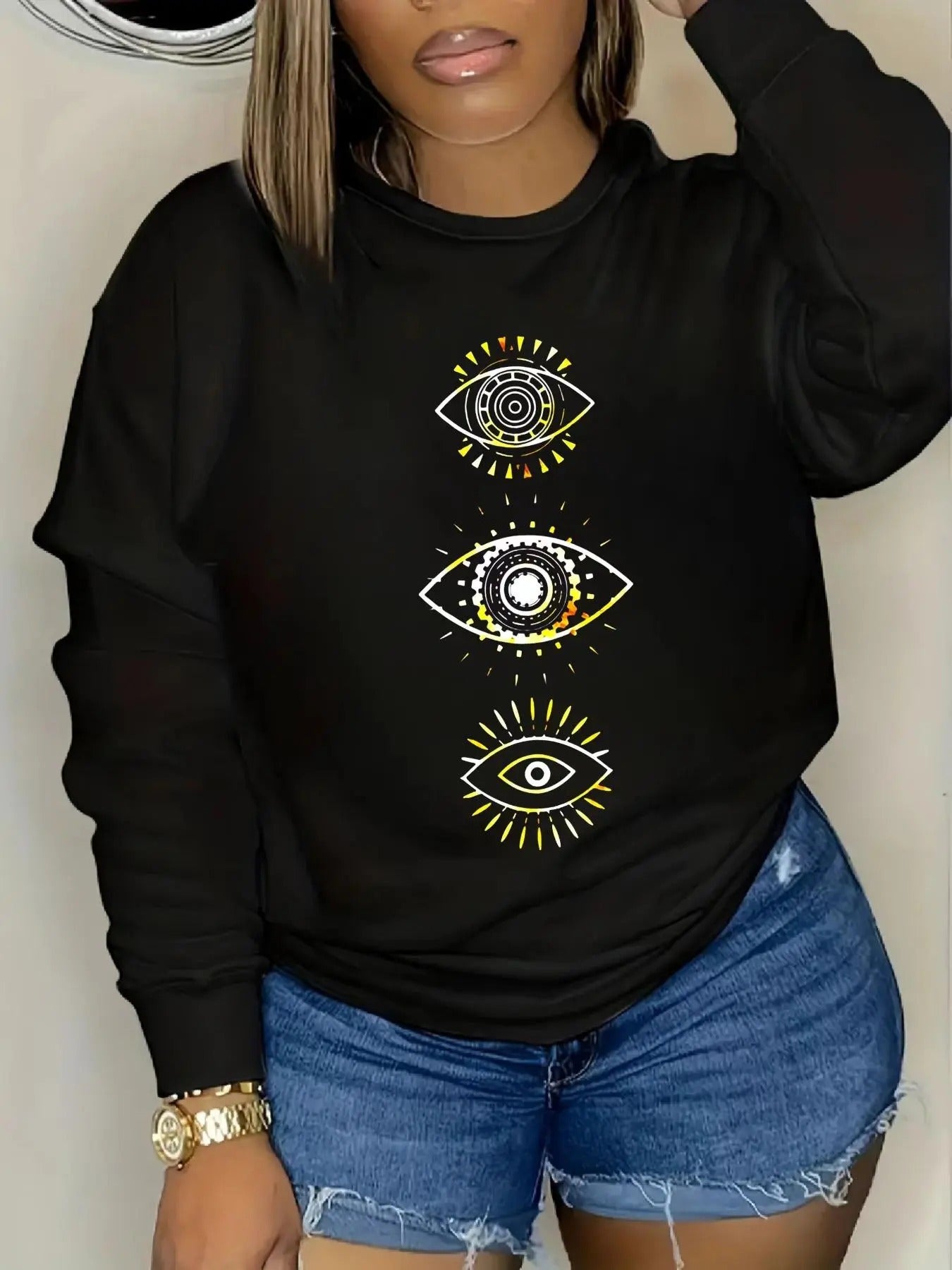 Women'WB shield Eye Print Crew Neck Sweatshirt, Casual Long Sleeve Pullover for Fall & Winter, Women'WB shield TNF for...