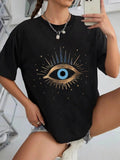 Women'WB shield Eye Print Round Neck Drop Shoulder Tee, Fashion Casual Crew Neck T-Shirt for Daily Holiday Vacation...