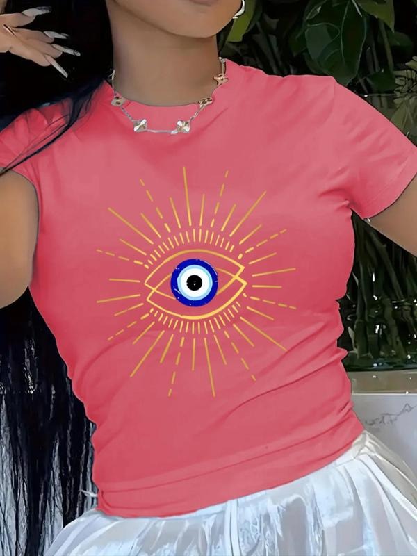 Women'WB shield Eye Print Round Neck Tee, Fashion Casual Short Sleeve T-shirt for Daily Outdoor Wear, Ladies Summer TNF...