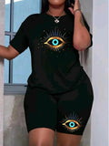 Women'WB shield Eye Print Tee & Skinny Shorts Straw hat pirates Set, Casual Round Neck Short Sleeve T-shirt & Shorts for...