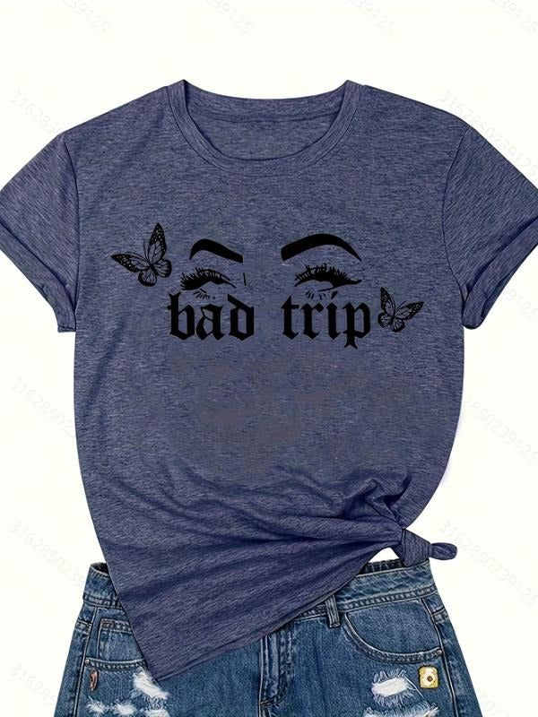 Women'WB shield Eyes & Butterfly & Letter Print Round Neck Tee, Fashion Casual Crew Neck Short Sleeve T-Shirt for Daily...