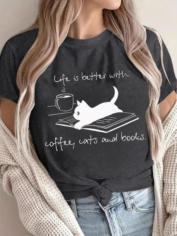 Women'WB shield FOG & Cat Print Round Neck Tee, Fashion Casual Crew Neck T-Shirt for Daily Holiday Vacation Outdoor Wear,...