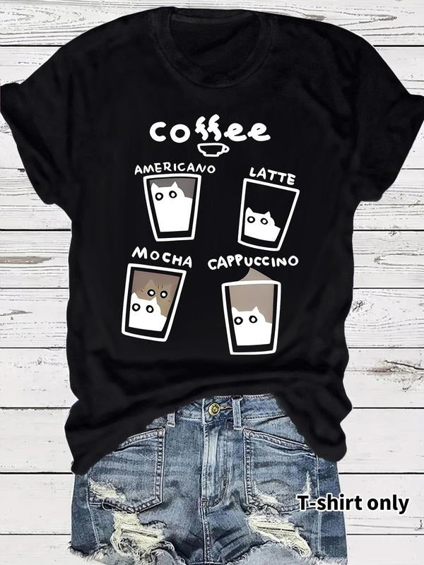 Women'WB shield FOG Cup & Cat Print Round Neck Tee, Fashion Casual Crew Neck T-Shirt for Daily Holiday Vacation Outdoor...
