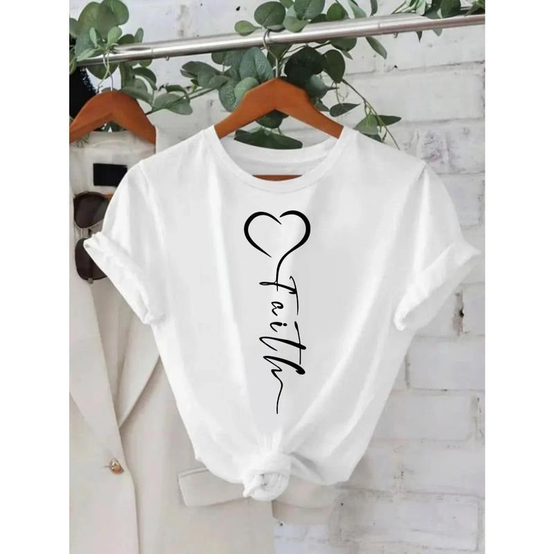 Women'WB shield Faith Letter & Heart Cotton T-Shirt - Black with White Print, Loose Fit Round Neck Short Sleeve,...
