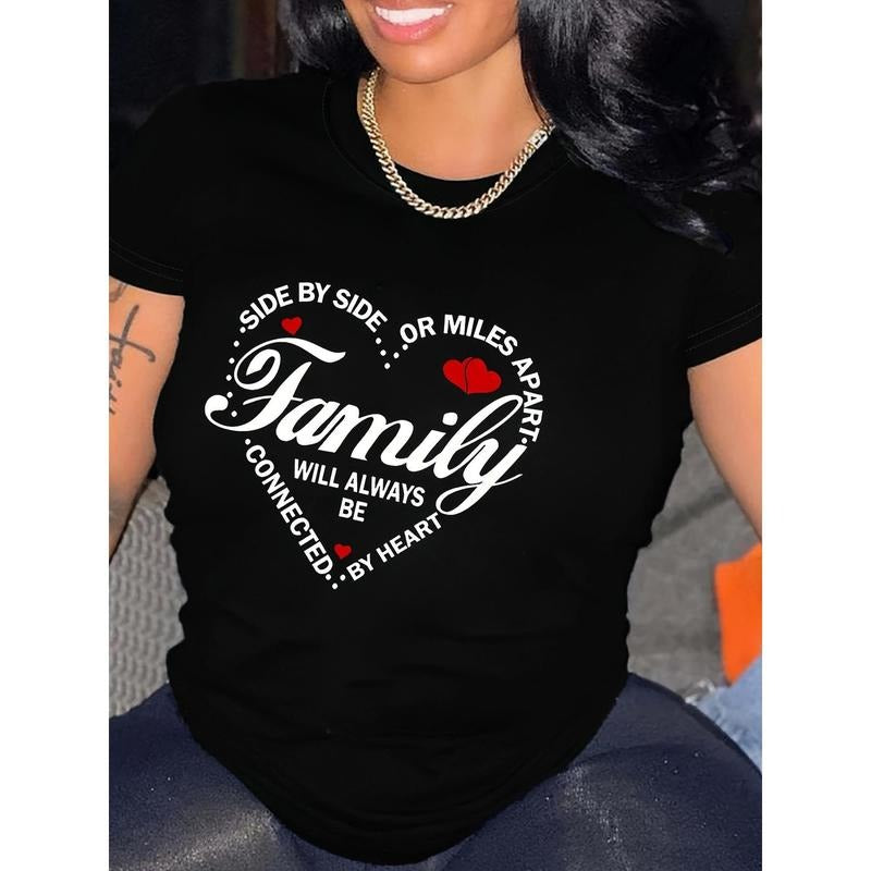 Women'WB shield Family Quote & Heart Graphic T-Shirt - Breathable Short Sleeve Crew Neck Casual Tee, Black with White...