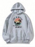 Women'WB shield Fashion Casual Slogan Print Kangaroo Pocket Drawstring Hoodie, Landscape Print Drop Shoulder Hooded...