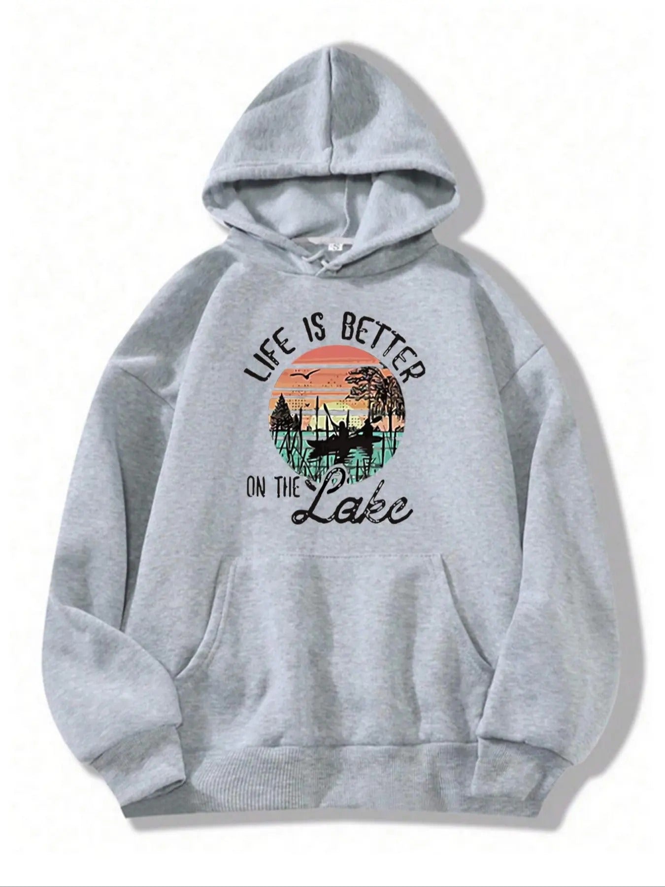 Women'WB shield Fashion Casual Slogan Print Kangaroo Pocket Drawstring Hoodie, Landscape Print Drop Shoulder Hooded...