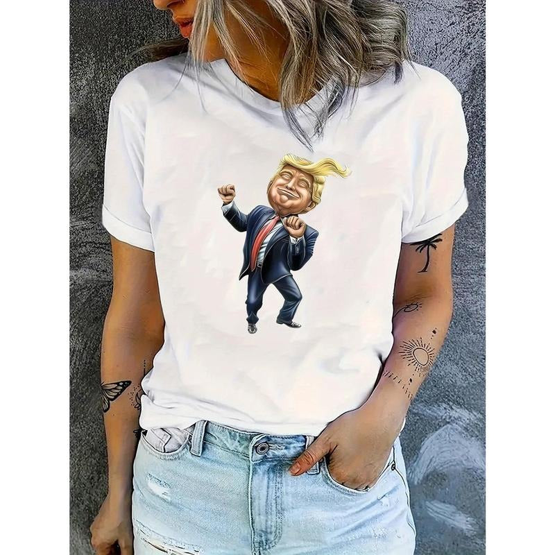 Women'WB shield Fashion Trend Cartoon Trump Printed T-shirt, Simple Casual Sports T-shirt, Comfortable Summer Top For...