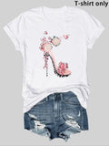 Women'WB shield Fashionable High Heel & Flower Print Round Neck Tee, Casual Short Sleeve Crew Neck T-shirt for Summer,...