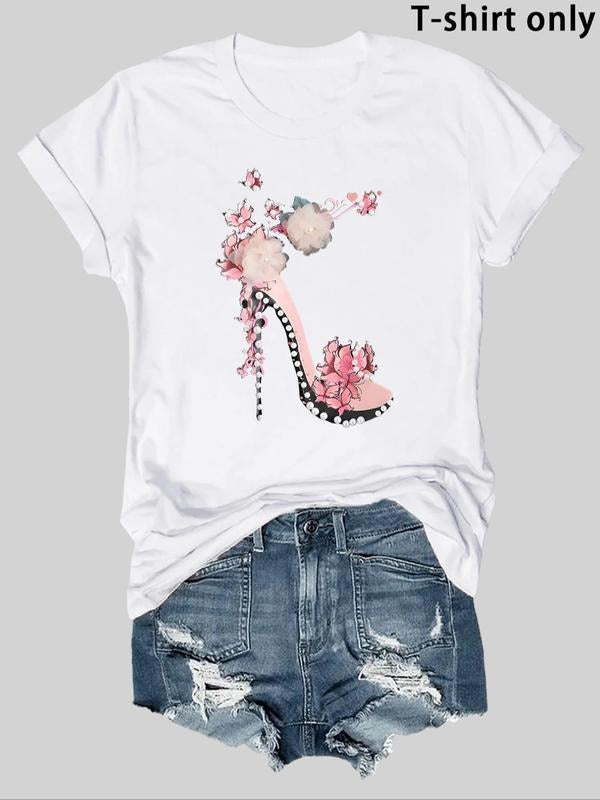 Women'WB shield Fashionable High Heel & Flower Print Round Neck Tee, Casual Short Sleeve Crew Neck T-shirt for Summer,...