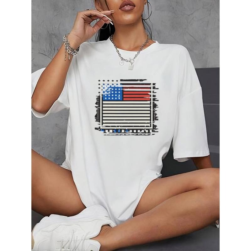 Women'WB shield Fashionable Patriotic T-Shirt - Casual Short Sleeve, Round Neck, 100%, Machine Washable