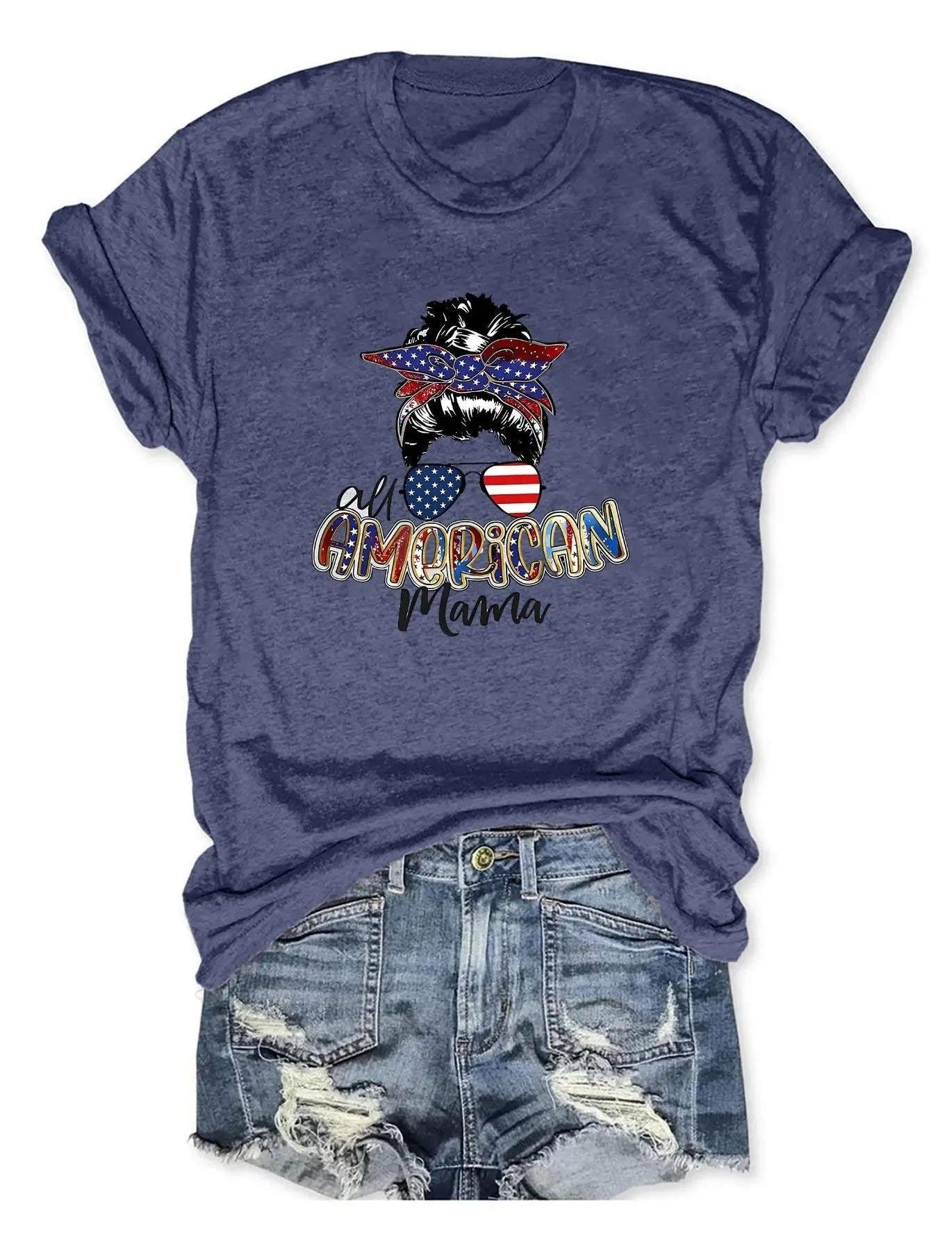 Women'WB shield Figure & "AMERICAN MAMA" Letter Print Round Neck Tee, Vintage Trendy Casual Short Sleeve T-shirt for...