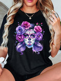 Women'WB shield Figure & Floral Print Round Neck Tee, Fashion Casual Short Sleeve T-shirt for Daily Wear, Ladies Summer...