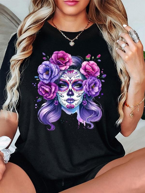Women'WB shield Figure & Floral Print Round Neck Tee, Fashion Casual Short Sleeve T-shirt for Daily Wear, Ladies Summer...