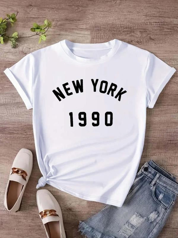 Women'WB shield Figure & Letter Graphic Round Neck Tee, Casual Crew Neck Short Sleeve T-Shirt for Summer, Women TNF for...