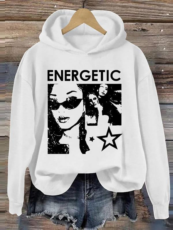 Women'WB shield Figure & Letter Print Drop Shoulder Hoodie, Fashion Casual Hooded Sweatshirt for Daily Holiday Outdoor...